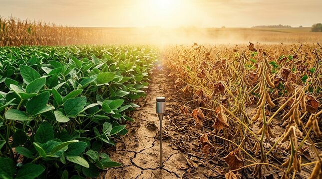 Split agricultural field with lush green soybean rows and heat-stressed bean plants with shriveled pods