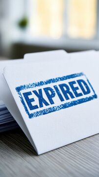 Document folder stamped with bold blue expired text symbolizing outdated files and the importance of timely review in office work environments
