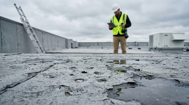 Medium shot of an adjuster assessing hail damage on a deteriorated membrane surface of a flat commercial roof.