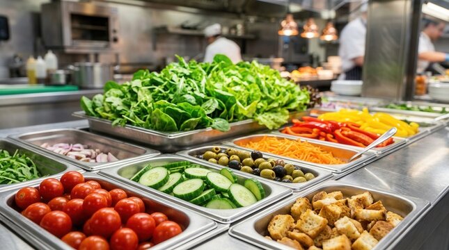 Closeup of a buffet salad bar with vibrant greens and toppings in the foreground and a softly out-of-focus background highlighting freshness.