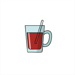 Obraz premium Vector drawing of a glass mug filled with red beverage and a stirring stick inside.