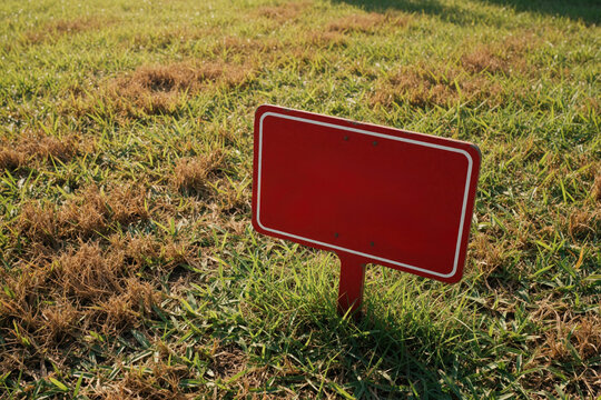 Red blank sign stands on patchy grass field. A notice warns against trampling, common in parks or golf courses. This image suits various informational, regulatory, or agricultural contexts.