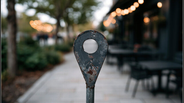 Rustic Metal Map Pin Sign on Sidewalk, Cozy Outdoor Dining Scene with String Lights and Bokeh