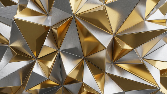 Luxury 3D geometric background with gold and silver metallic triangles
