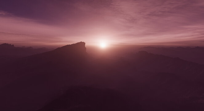 Purple Mountain Sunrise Silhouette Over Misty Valley &mdash; Atmospheric 3D Rendering Landscape At Dawn
