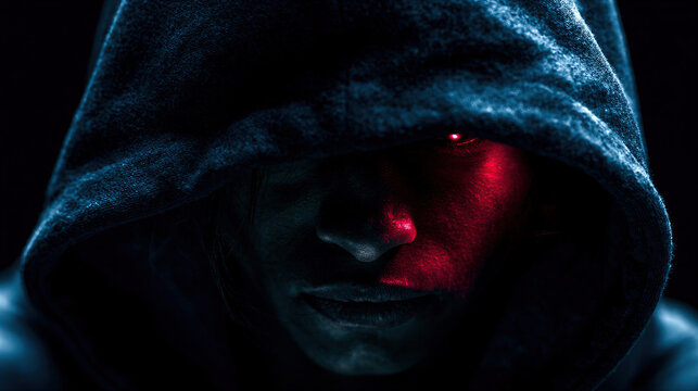 Mysterious Hooded Figure with Glowing Red Eye, Dramatic Portrait in Darkness for Sci-Fi or Horror Themes