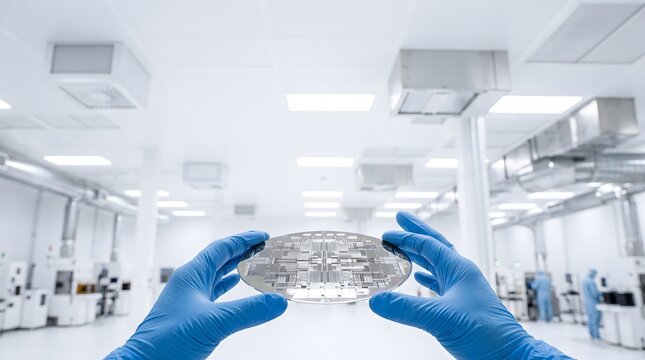 Scientist in cleanroom holding semiconductor wafer, advanced technology and manufacturing