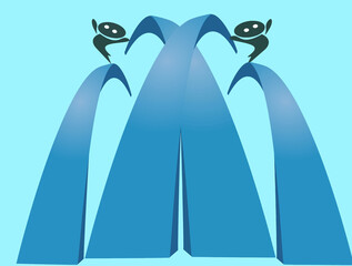 Fototapeta premium Abstract Blue Fountain With Playful Figures Celebrating Atop Arches Symbolizing Teamwork And Joy