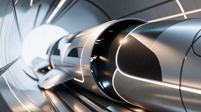 Futuristic high speed hyperloop train traveling through a modern vacuum tunnel