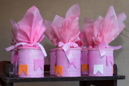 Handmade pink party favors for Brazilian Festa Junina celebration