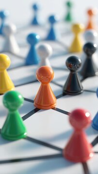 Group of multicolored game pawns arranged on a white board with connecting lines symbolizing networking and collaboration concepts