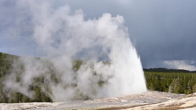 Famous Old Faithful cone geyser erupting on a sunny day with dark clouds in background, summer tourism at Yellowstone National Park viewing natural geothermal features
