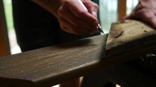 Man Makes Mark on Composite Decking using old Wood as Stencil