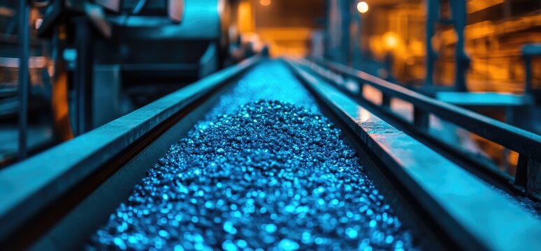 Glowing blue railway tracks with illuminated gravel at night
