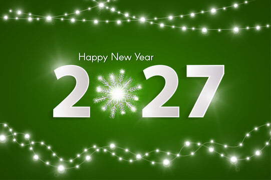 Green Happy New Year 2027 concept with silver snowflake and white garlands. Christmas and Chinese New Year decoration. New year card or sale concept. Vector illustration