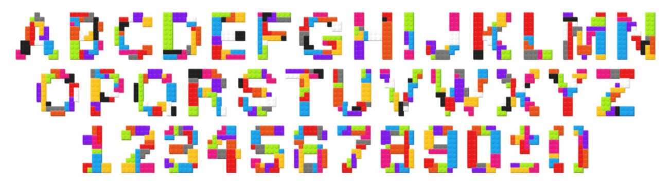 English font alphabet and Numbers made with colored plastic constructor parts isolated. Play and build concept. Vector png
