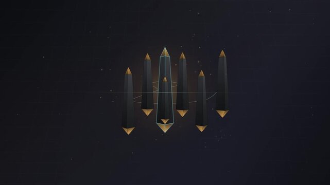Floating Black and Gold Obelisks Rotating in Abstract Digital Space