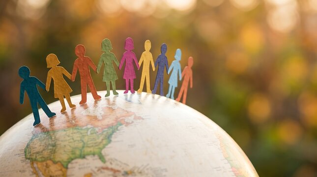Colorful paper people holding hands on a globe for global unity