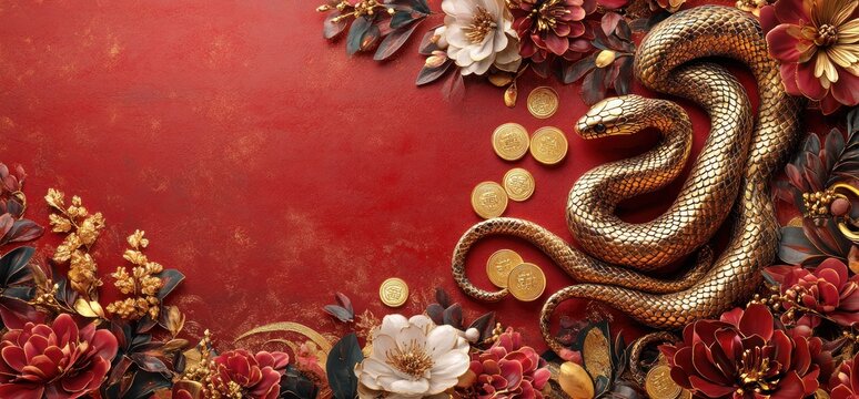 Golden Snake with Flowers and Coins on Red Background