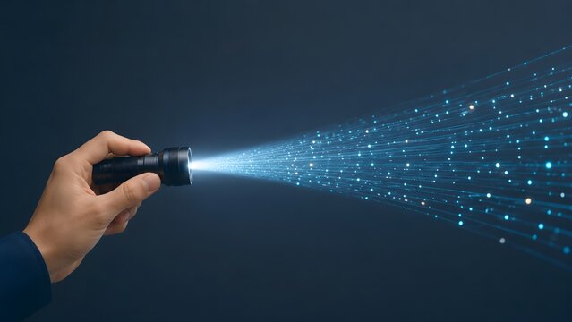 Hand holding a flashlight projecting a glowing blue digital data beam visualizing information search cybersecurity discovery and futuristic internet networking concepts