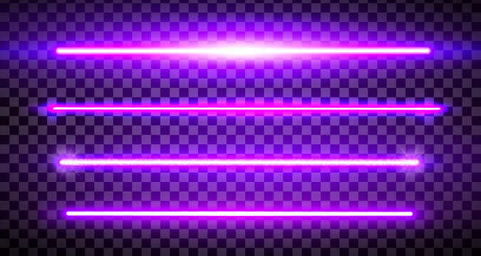 Violet lazer straight lines pack isolated. Neon glowing laser beam effect. Fluorescent LED electric luminous line. Led light halogen dynamic diode. Vector illustration