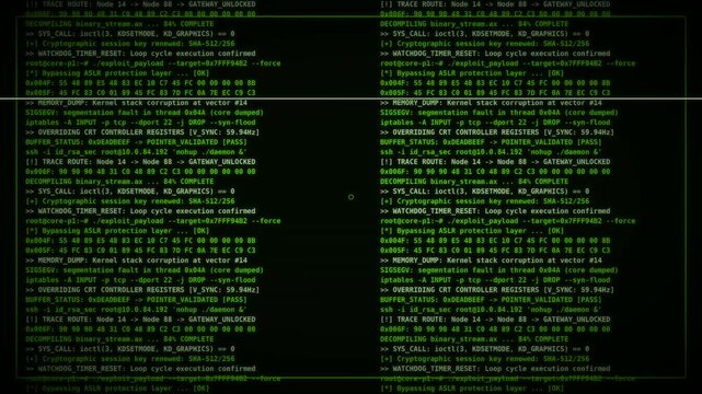 Computer terminal screen with scrolling terminal command lines and system hack interface.