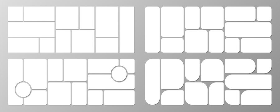 White bento grid horizontal moodboard design mockup set with shadows isolated on grey background. Photo mosaic collage gallery template. Album portfolio brandboard. Mood board overlay bg. Vector
