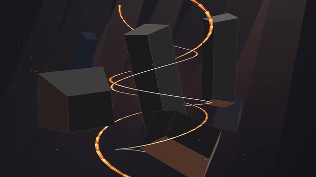 Glowing Orange Spiral Orbiting Dark Rectangular Pillars in 3D Space