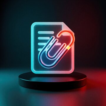 Digital document icon with glowing paperclip symbol. Abstract design represents file attachment, email, or data upload. Modern interface graphic for web and tech content.