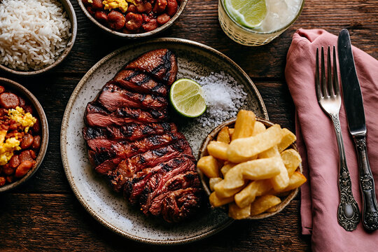 Brazilian Feast: Grilled Picanha Steak, Feij&atilde;o Tropeiro, Caipirinha, and Sides on Dark Wood Table