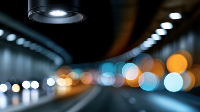 Modern tunnel illuminated by overhead lights with colorful blurred vehicle lights creating dynamic bokeh effects along the roadway at night