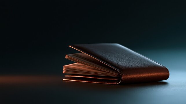 Leather billfold wallet partially open with multiple card slots glowing softly against a dark background on smooth surface
