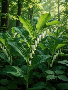 Woodland plant with delicate white bell flowers and broad green leaves. Sunlight filters through forest canopy onto lush undergrowth. Wild nature scene in springtime.