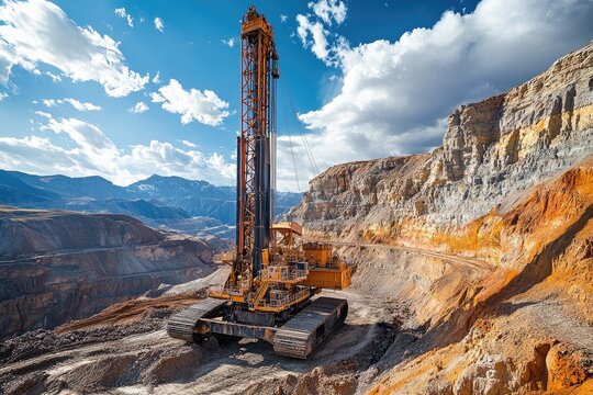 Industrial mining drill rig in open pit quarry site