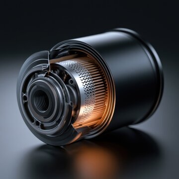Detailed automotive oil filter cutaway showing inner mechanical structure and filtration components with metallic and pleated elements under studio lighting