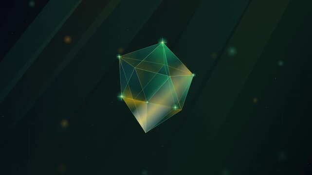 Rotating translucent geometric polyhedral shape in dark virtual space
