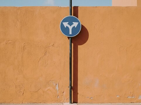 Blue round road sign with Y-shaped arrow on pole against orange wall outdoors