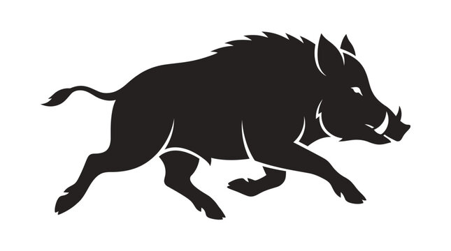 Black silhouette of a charging wild boar hog in side profile view with tusks. Stylized animal vector graphic isolated on a white background for hunting or wildlife design themes.