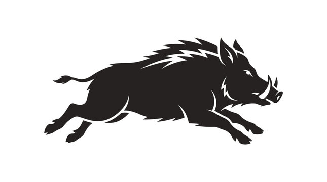 Black vector silhouette of a running wild boar isolated on a white background. Aggressive charging pose featuring sharp tusks and bristly mane for sports logos or mascot branding.