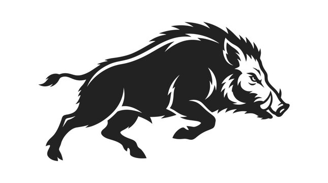 Stylized wild boar silhouette, charging black and white hog illustration with sharp tusks and bristles, powerful forest animal wildlife vector mascot on isolated white background