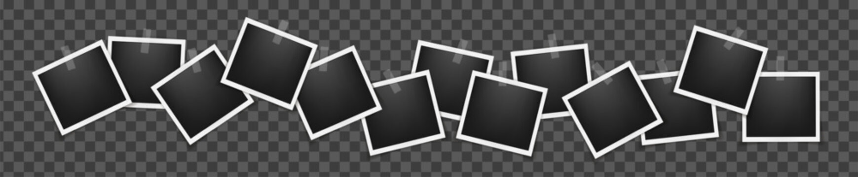 Realistic empty square photo frames on sticky tape mockup isolated. Paper vintage instant photograph snapshot collage. Cardboard album picture tape with shadow. Photo memory vector design template