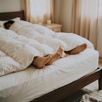 Couple sleeping peacefully in cozy bed with feet under white blanket during morning daylight
