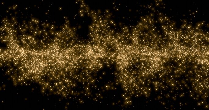 Glittering gold particle trails flying from center in black background. Sparkling light streaks glow dust effect. 3D rendering.