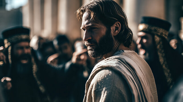 Calm Jesus in Beige Robe Faces Accusatory Crowd of Religious Leaders in Ancient Setting, Warm Sunlight.