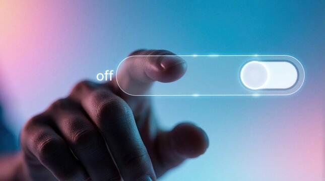 Hand toggles digital switch from off to on position. Futuristic interface control interaction, user managing settings with neon glow. Modern tech concept.