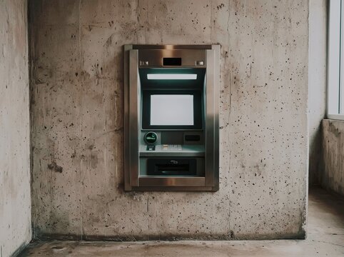 Close up of glowing ATM screen in concrete wall inside industrial building