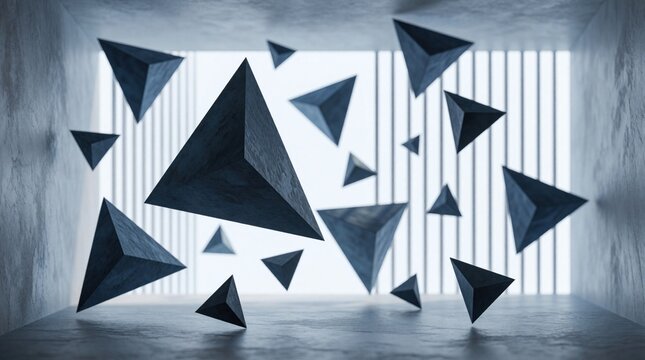Abstract 3D illustration with dark grey geometric triangles floating in minimalist concrete room. Modern architectural design features blue light, vertical slats. Futuristic space concept with sharp