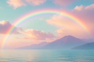 Obraz premium Vivid rainbow spans across calm ocean water at sunset. Soft colorful sky meets distant mountain range backdrop. Perfect natural scene for serene mood.