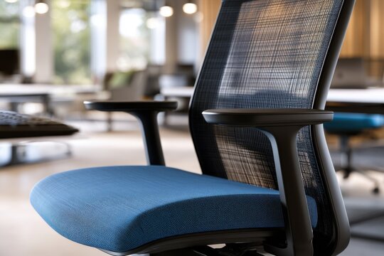 Modern ergonomic office chair with blue fabric seat and breathable mesh backrest in a bright open workspace environment