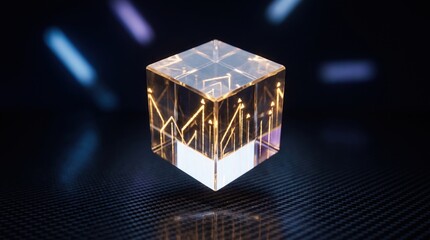 Fototapeta premium A glowing glass cube with etched upward trending financial charts floating above a textured surface with graphs arrows suspended carbon fiber surface glowing golden line suspended over dark growth